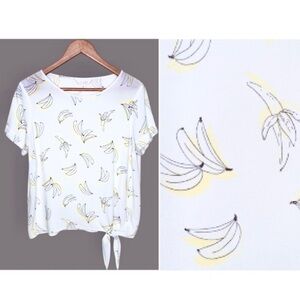 LC Lauren Conrad Banana Print Blouse Sz M Woven Tie Front White Cuffed Sleeves